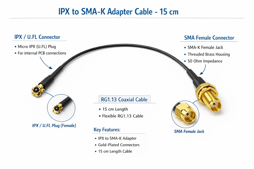 Антенный переходник IPX to SMA-K 15 cm, IPX SMA мама, IPX SMA female, U.fl SMA female RG1.13 15145 фото